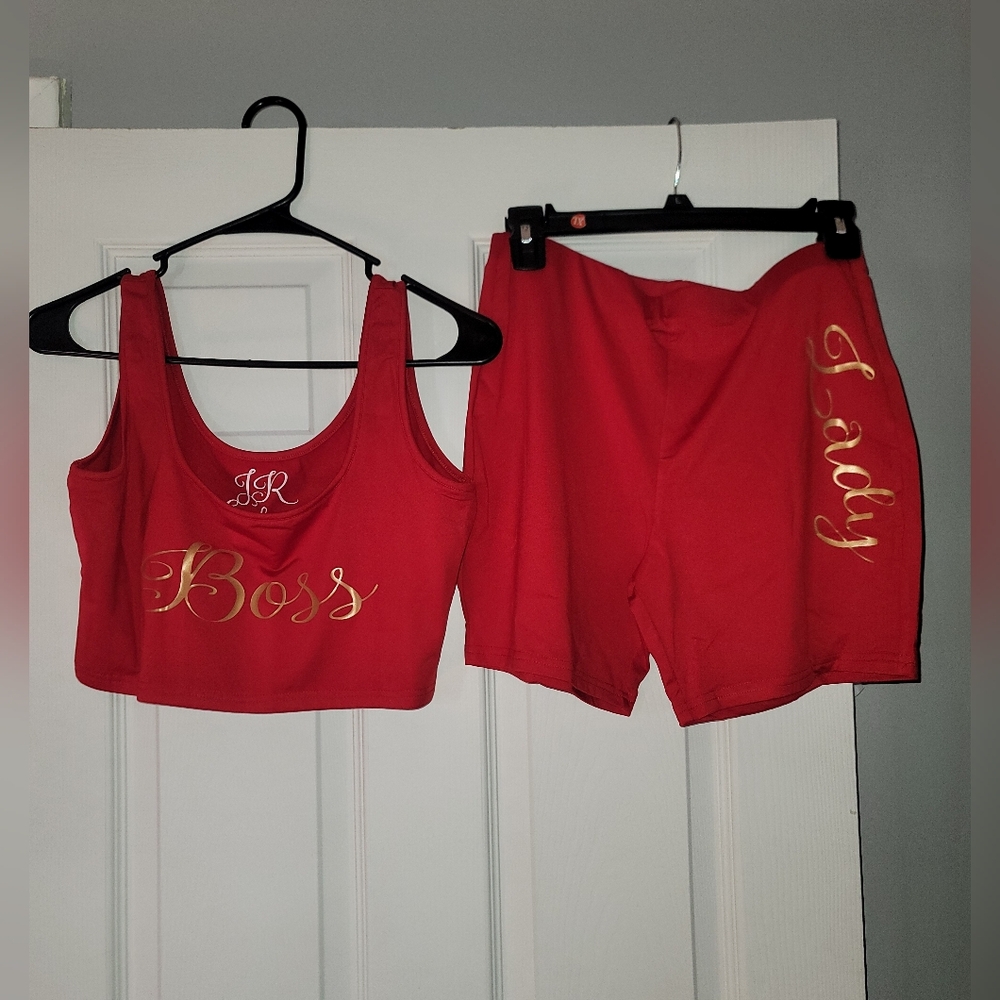 Red 'Boss' Crop Tank & Shorts Set with Gold Script